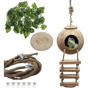 PINVNBY Crested Gecko Coco Hut with Ladder Natural Lizard Coconut Shell Hideout Home Mini Condo for Reptiles Durable Cave Habitat with Hanging Loop Coconut Texture Provide Food for Pets