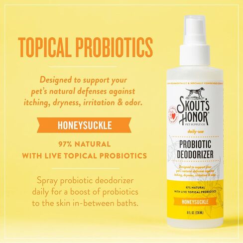 SKOUT'S HONOR: Probiotic Deodorizer With Avocado Oil Hydrates and Deodorizes Fur, Supports Pet’s Natural Defenses, PH-Balanced, Sulfate Free - Honeysuckle, 8 oz. in Saudi Arabia