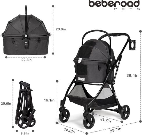 عربة أطفال Beberoad Pets R5 للكلاب الصغيرة والقطط 3 في 1 عربة سفر للحيوانات الأليفة خفيفة الوزن وقابلة للطي مع حامل قابل للإزالة (أسود) in Kuwait