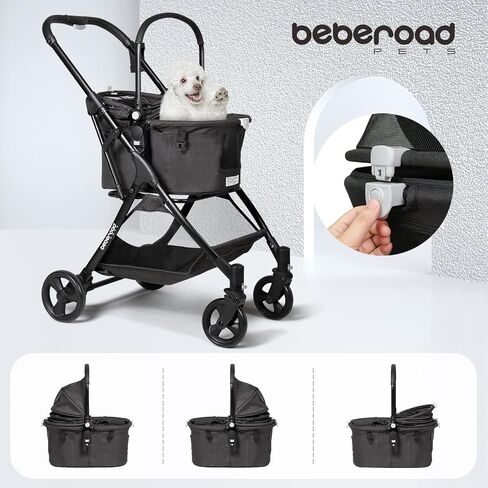عربة أطفال Beberoad Pets R5 للكلاب الصغيرة والقطط 3 في 1 عربة سفر للحيوانات الأليفة خفيفة الوزن وقابلة للطي مع حامل قابل للإزالة (أسود) in Kuwait