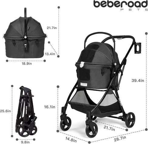 عربة أطفال Beberoad Pets R5 للكلاب الصغيرة والقطط 3 في 1 عربة سفر للحيوانات الأليفة خفيفة الوزن وقابلة للطي مع حامل قابل للإزالة (أسود) in Kuwait