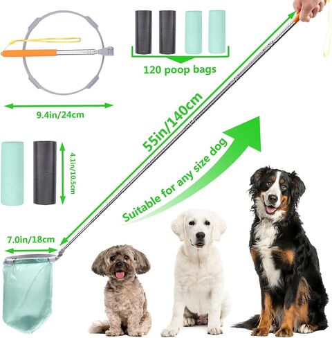 Dog Poop Catcher with 120 Bags - 52" Extendable Handle, No Cleaning Required After Use, No Residue Left Behind, Lightweight and Portable, Stainless Steel Construction, Ideal for Small Dogs in Saudi Arabia