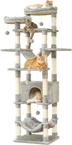 Necolike Cat Tree، برج قطط كبير مقاس 73.6 بوصة للقطط الداخلية، شجرة خدش للقطط متعددة المستويات مع أرجوحة كبيرة، مسكن للقطط، 5 الكريات، 20 عمود خدش و2 جثم مبطن، رمادي فاتح in Saudi Arabia