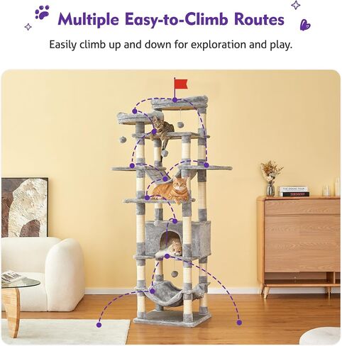 Necolike Cat Tree، برج قطط كبير مقاس 73.6 بوصة للقطط الداخلية، شجرة خدش للقطط متعددة المستويات مع أرجوحة كبيرة، مسكن للقطط، 5 الكريات، 20 عمود خدش و2 جثم مبطن، رمادي فاتح in Saudi Arabia