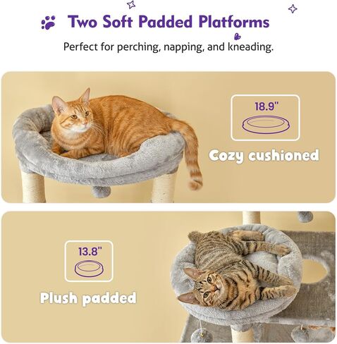 Necolike Cat Tree، برج قطط كبير مقاس 73.6 بوصة للقطط الداخلية، شجرة خدش للقطط متعددة المستويات مع أرجوحة كبيرة، مسكن للقطط، 5 الكريات، 20 عمود خدش و2 جثم مبطن، رمادي فاتح in Saudi Arabia