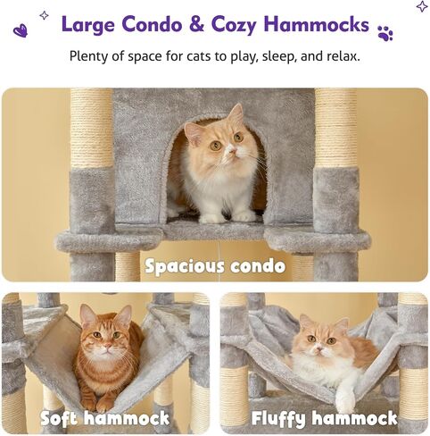 Necolike Cat Tree، برج قطط كبير مقاس 73.6 بوصة للقطط الداخلية، شجرة خدش للقطط متعددة المستويات مع أرجوحة كبيرة، مسكن للقطط، 5 الكريات، 20 عمود خدش و2 جثم مبطن، رمادي فاتح in Saudi Arabia