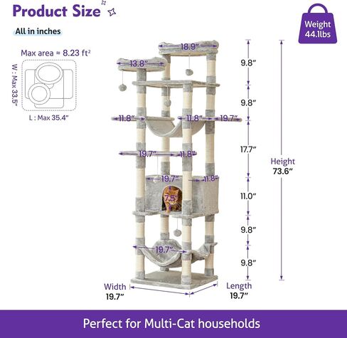 Necolike Cat Tree، برج قطط كبير مقاس 73.6 بوصة للقطط الداخلية، شجرة خدش للقطط متعددة المستويات مع أرجوحة كبيرة، مسكن للقطط، 5 الكريات، 20 عمود خدش و2 جثم مبطن، رمادي فاتح in Saudi Arabia