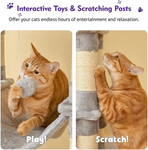 Necolike Cat Tree، برج قطط كبير مقاس 73.6 بوصة للقطط الداخلية، شجرة خدش للقطط متعددة المستويات مع أرجوحة كبيرة، مسكن للقطط، 5 الكريات، 20 عمود خدش و2 جثم مبطن، رمادي فاتح in Saudi Arabia