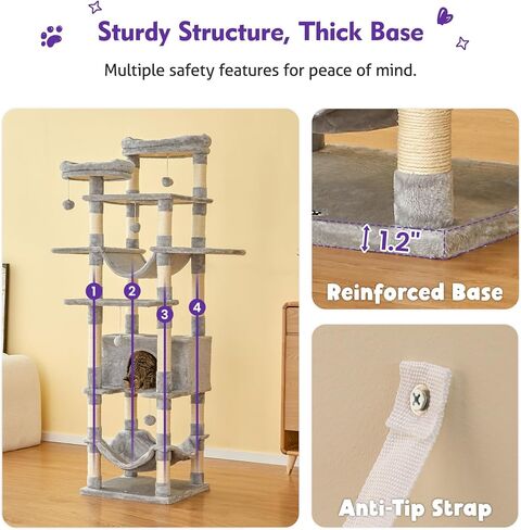 Necolike Cat Tree، برج قطط كبير مقاس 73.6 بوصة للقطط الداخلية، شجرة خدش للقطط متعددة المستويات مع أرجوحة كبيرة، مسكن للقطط، 5 الكريات، 20 عمود خدش و2 جثم مبطن، رمادي فاتح in Saudi Arabia