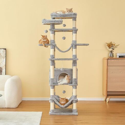 Necolike Cat Tree، برج قطط كبير مقاس 73.6 بوصة للقطط الداخلية، شجرة خدش للقطط متعددة المستويات مع أرجوحة كبيرة، مسكن للقطط، 5 الكريات، 20 عمود خدش و2 جثم مبطن، رمادي فاتح in Saudi Arabia