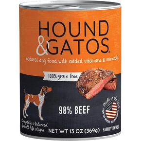 Hound & Gatos Wet Dog Food, 98% Beef, case of 12, 13 oz cans