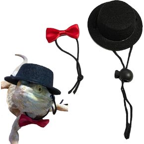 2PCS Valentine's Day Bearded Dragon Lizard Hat and Bowtie Reptile Black Hat with Bow Tie Cool Pet Cap Small Animal Outfit Suit Cosplay Sculpt (Black) in Saudi Arabia