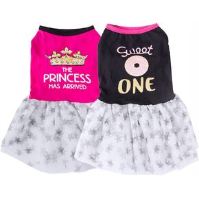 2 Pcs Girl Dog Dress Shirt Dog Princess Dress with Ruffles Chihuahua Dress Holiday Theme Pet Clothes with Tulle XS Yorkie Clothes Apparel Outfits for Small Girl Dogs,XS