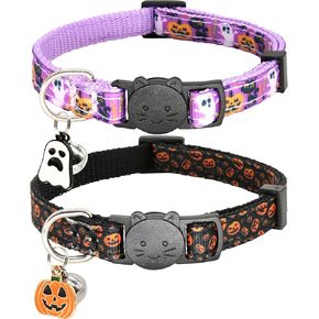 Halloween Cat Collar,2 Pack Breakaway Cat Collar with Bells,Pumpkin and Ghost Charm, Halloween Orange+Black