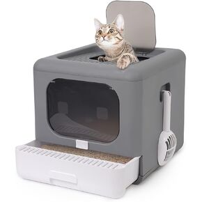 Foldable Enclosed Cat Litter Box, Cat Potty with Front Door & Top Entry, Pull-Out Drawer Type, Cat Toilet with Lid, Easy Cleaning and Anti-Splashing Cat Litter Tray with Plastic Scoop (Grey)