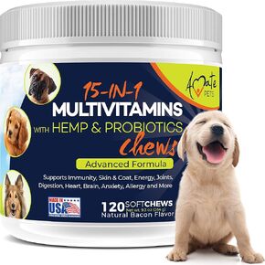 15-in-1 Dog Vitamins - Chewable Multivitamins for Dogs with Probiotics, Hemp and Omega - Hip & Joint Supplements, Immune Support and Healthy Dog Skin - 120 Soft Chews Treats by Amate Pets in Kuwait