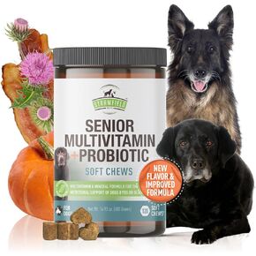 Strawfield Pets Senior Multivitamin + Probiotics for Dogs with Milk Thistle Joint Support Supplement for Dogs Bacon Flavor 120 Soft Chews in Kuwait