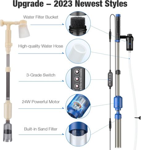بيدي منظف حصى حوض السمك الكهربائي، منظف حصى حوض السمك، مجموعة مكنسة كهربائية اوتوماتيكية 6 في 1 لتغيير المياه وغسل الرمال مع تدفق مياه قابل للتعديل، تيار مستمر 24 فولت in Kuwait