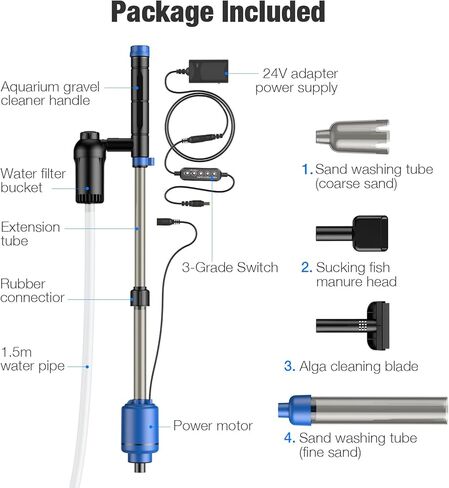 بيدي منظف حصى حوض السمك الكهربائي، منظف حصى حوض السمك، مجموعة مكنسة كهربائية اوتوماتيكية 6 في 1 لتغيير المياه وغسل الرمال مع تدفق مياه قابل للتعديل، تيار مستمر 24 فولت in Kuwait