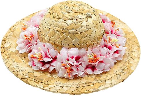 POPETPOP الحيوانات الأليفة زهرة القش قبعة الكلب الربيع الصيف Sunhat لطيف المنسوجة القش قبعة زي ملحق حجم S (زهرة وردية) in Kuwait