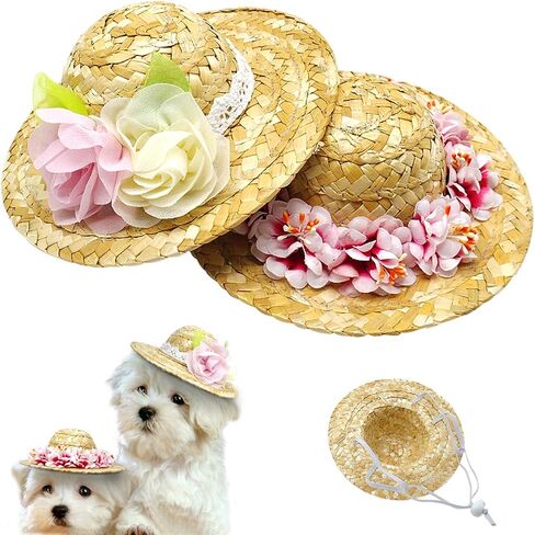 POPETPOP الحيوانات الأليفة زهرة القش قبعة الكلب الربيع الصيف Sunhat لطيف المنسوجة القش قبعة زي ملحق حجم S (زهرة وردية) in Kuwait