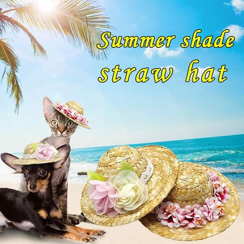 POPETPOP الحيوانات الأليفة زهرة القش قبعة الكلب الربيع الصيف Sunhat لطيف المنسوجة القش قبعة زي ملحق حجم S (زهرة وردية) in Kuwait