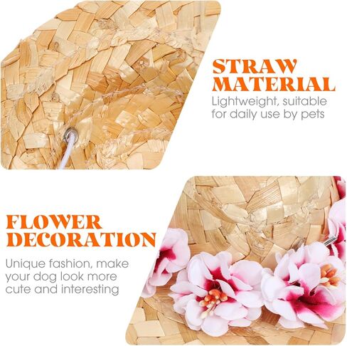 POPETPOP الحيوانات الأليفة زهرة القش قبعة الكلب الربيع الصيف Sunhat لطيف المنسوجة القش قبعة زي ملحق حجم S (زهرة وردية) in Kuwait