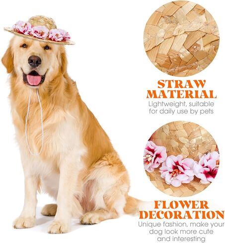 POPETPOP الحيوانات الأليفة زهرة القش قبعة الكلب الربيع الصيف Sunhat لطيف المنسوجة القش قبعة زي ملحق حجم S (زهرة وردية) in Kuwait