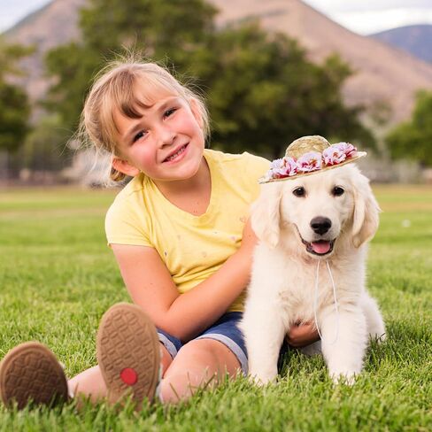 POPETPOP الحيوانات الأليفة زهرة القش قبعة الكلب الربيع الصيف Sunhat لطيف المنسوجة القش قبعة زي ملحق حجم S (زهرة وردية) in Kuwait