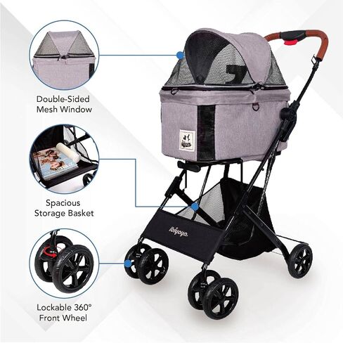 ibiyaya - Travois Dog Stroller for Small Dogs and Cats - 3-in-1 Pet Stroller, Pet Carrier, and Carseat - Includes Storage Compartement and Basket, Brakes, and Double Sided Mesh Window - Gray in Kuwait