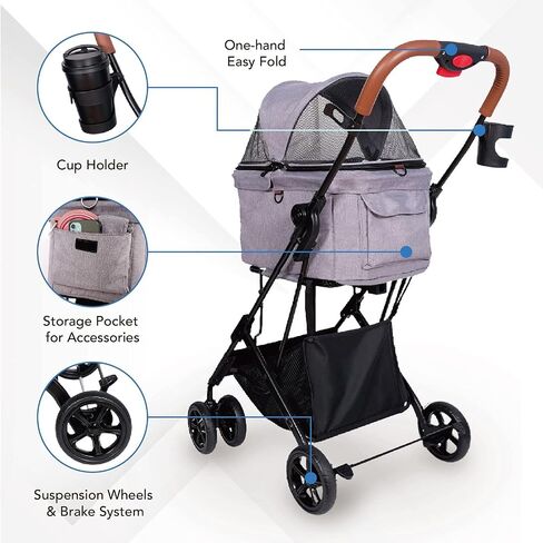 ibiyaya - Travois Dog Stroller for Small Dogs and Cats - 3-in-1 Pet Stroller, Pet Carrier, and Carseat - Includes Storage Compartement and Basket, Brakes, and Double Sided Mesh Window - Gray in Kuwait