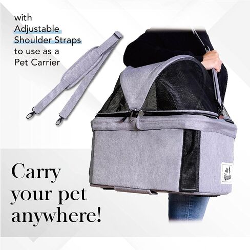ibiyaya - Travois Dog Stroller for Small Dogs and Cats - 3-in-1 Pet Stroller, Pet Carrier, and Carseat - Includes Storage Compartement and Basket, Brakes, and Double Sided Mesh Window - Gray in Kuwait