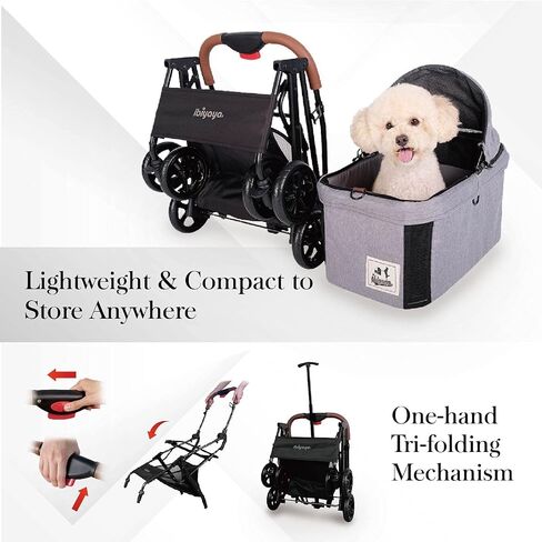 ibiyaya - Travois Dog Stroller for Small Dogs and Cats - 3-in-1 Pet Stroller, Pet Carrier, and Carseat - Includes Storage Compartement and Basket, Brakes, and Double Sided Mesh Window - Gray in Kuwait