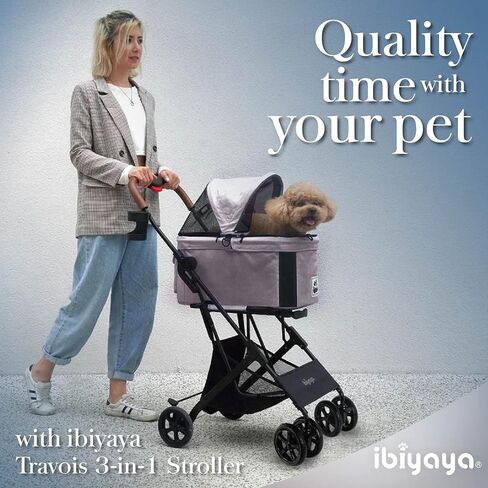 ibiyaya - Travois Dog Stroller for Small Dogs and Cats - 3-in-1 Pet Stroller, Pet Carrier, and Carseat - Includes Storage Compartement and Basket, Brakes, and Double Sided Mesh Window - Gray in Kuwait