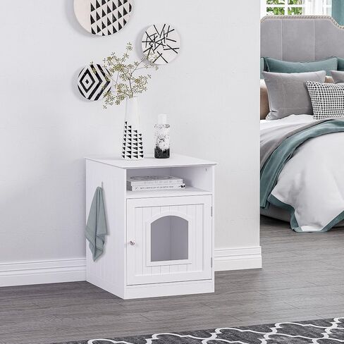 Spirich Home Cat Litter Box Enclosure, Hidden Litter Box Furniture Cabinet, Indoor Cat House Side Table, Large Pet Crate Nightstand, Kitty Litter Box Loo Washroom (White) in Saudi Arabia