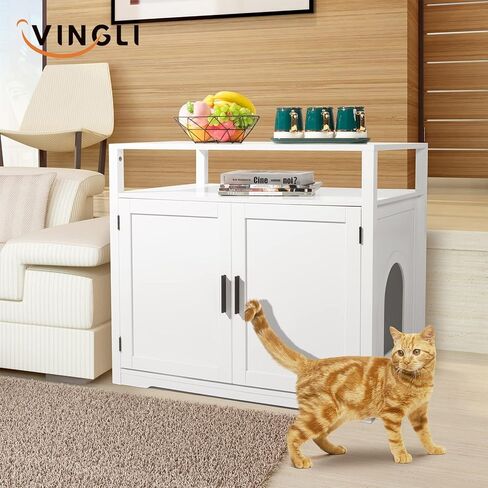 VINGLI حاوية صندوق الفضلات، أثاث صندوق فضلات القطط المخفي، حاوية صندوق الفضلات مع أرفف، خزانة صندوق الفضلات مع مقسم للقطط الكبيرة، حاوية صندوق فضلات القطط مع أبواب، أثاث حاوية القمامة in Kuwait