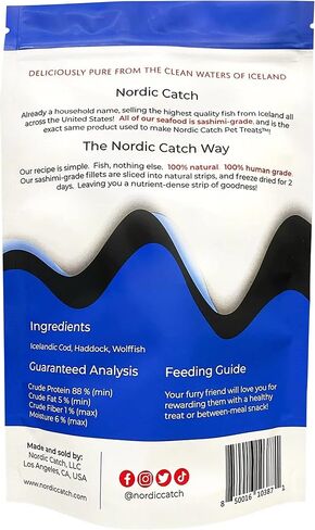 Nordic Catch تجميد الأسماك المجففة يعامل الحيوانات الأليفة من أيسلندا - نقية، جميع الوجبات البحرية الطبيعية الطبيعية للكلاب والقطط وغيرها من الحيوانات الأليفة - مكونات آمنة للإنسان، مصنوعة من المأكولات البحرية الصف الساشيمي - سمك السلمون in Kuwait