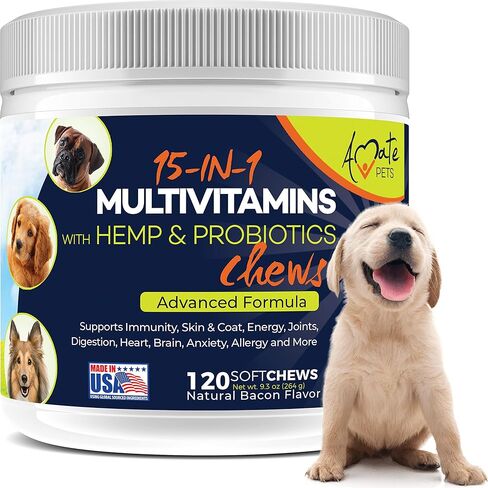 15-in-1 Dog Vitamins - Chewable Multivitamins for Dogs with Probiotics, Hemp and Omega - Hip & Joint Supplements, Immune Support and Healthy Dog Skin - 120 Soft Chews Treats by Amate Pets in Kuwait