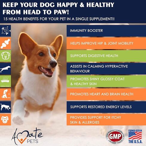 15-in-1 Dog Vitamins - Chewable Multivitamins for Dogs with Probiotics, Hemp and Omega - Hip & Joint Supplements, Immune Support and Healthy Dog Skin - 120 Soft Chews Treats by Amate Pets in Kuwait