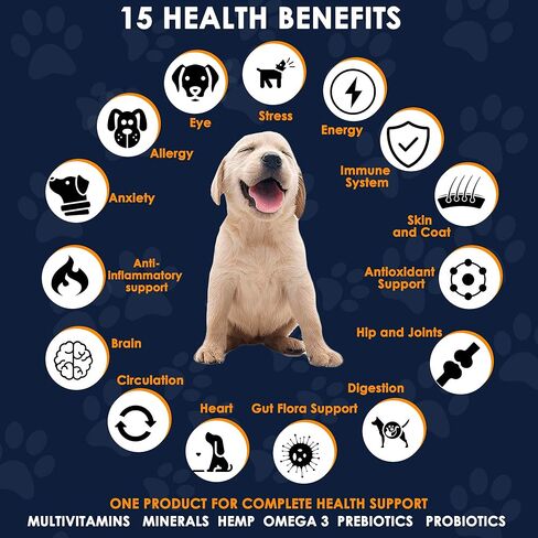 15-in-1 Dog Vitamins - Chewable Multivitamins for Dogs with Probiotics, Hemp and Omega - Hip & Joint Supplements, Immune Support and Healthy Dog Skin - 120 Soft Chews Treats by Amate Pets in Kuwait