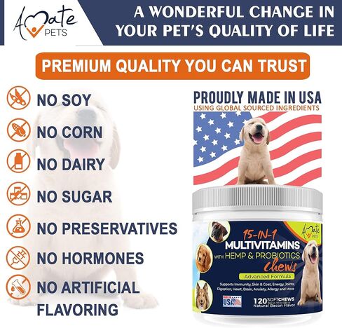 15-in-1 Dog Vitamins - Chewable Multivitamins for Dogs with Probiotics, Hemp and Omega - Hip & Joint Supplements, Immune Support and Healthy Dog Skin - 120 Soft Chews Treats by Amate Pets in Kuwait