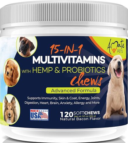 15-in-1 Dog Vitamins - Chewable Multivitamins for Dogs with Probiotics, Hemp and Omega - Hip & Joint Supplements, Immune Support and Healthy Dog Skin - 120 Soft Chews Treats by Amate Pets in Kuwait