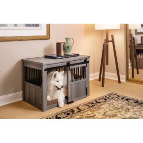 New Age Pet® ECOFLEX® Homestead Sliding Barn Door Furniture Style Dog Crate - Antique White, Large (EHDBC15-04L) - Stylish, Durable, Removable Cushions, Easy to Assemble. in Saudi Arabia