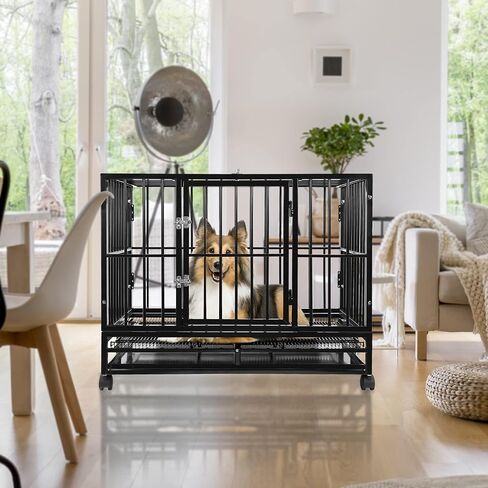 قفص قفص للكلاب شديد التحمل مقاس 48 بوصة من سميث بيلت - بيت للحيوانات الأليفة والحيوانات الأليفة ببابين داخلي وخارجي مقاس XL مع صينية - رمادي in Kuwait