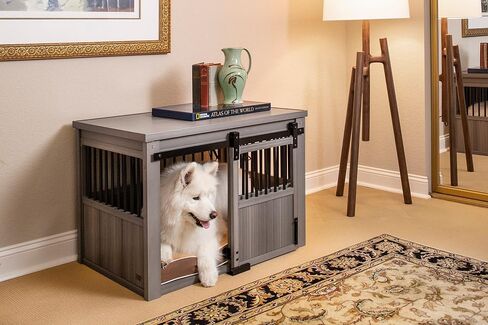 قفص للكلاب بتصميم باب الحظيرة المنزلق من ECOFLEX Homestead من New Age Pet - باللون الأبيض العتيق بحجم كبير جدًا in Kuwait
