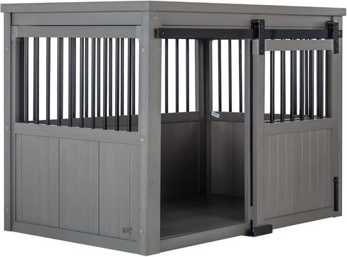 قفص للكلاب بتصميم باب الحظيرة المنزلق من ECOFLEX Homestead من New Age Pet - باللون الأبيض العتيق بحجم كبير جدًا in Kuwait