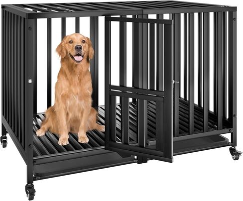 SFTORMAS 47" Heavy Duty Dog Crate,Robust Stable Dog Kennel,Suitable for High Anxiety Escape Proof Dog Crate,Two-Door Design Large Dog Crate,Dog Crate with Locking Wheels and Removable Tray,Black in Saudi Arabia