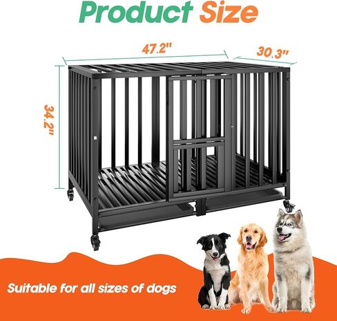 SFTORMAS 47" Heavy Duty Dog Crate,Robust Stable Dog Kennel,Suitable for High Anxiety Escape Proof Dog Crate,Two-Door Design Large Dog Crate,Dog Crate with Locking Wheels and Removable Tray,Black in Saudi Arabia
