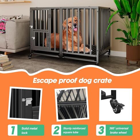SFTORMAS 47" Heavy Duty Dog Crate,Robust Stable Dog Kennel,Suitable for High Anxiety Escape Proof Dog Crate,Two-Door Design Large Dog Crate,Dog Crate with Locking Wheels and Removable Tray,Black in Saudi Arabia