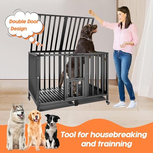 SFTORMAS 47" Heavy Duty Dog Crate,Robust Stable Dog Kennel,Suitable for High Anxiety Escape Proof Dog Crate,Two-Door Design Large Dog Crate,Dog Crate with Locking Wheels and Removable Tray,Black in Saudi Arabia